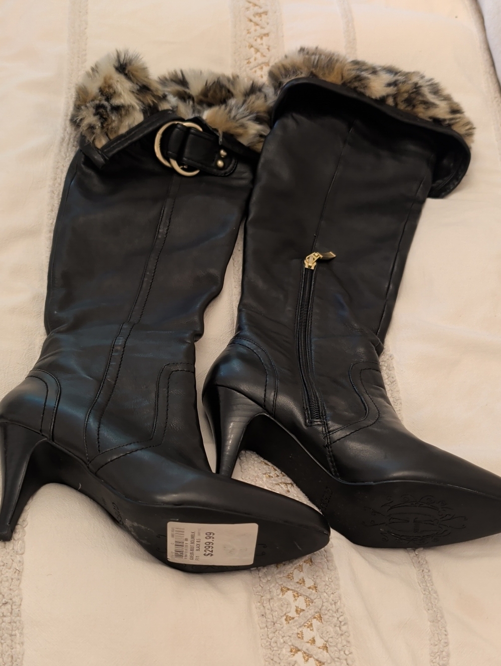Guess Black Faux Fur-Cuff Knee-High Heeled Boots with Gold Buckle